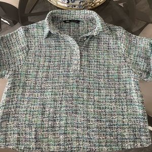 Blue Zara Tweed Top with Pearl Buttons